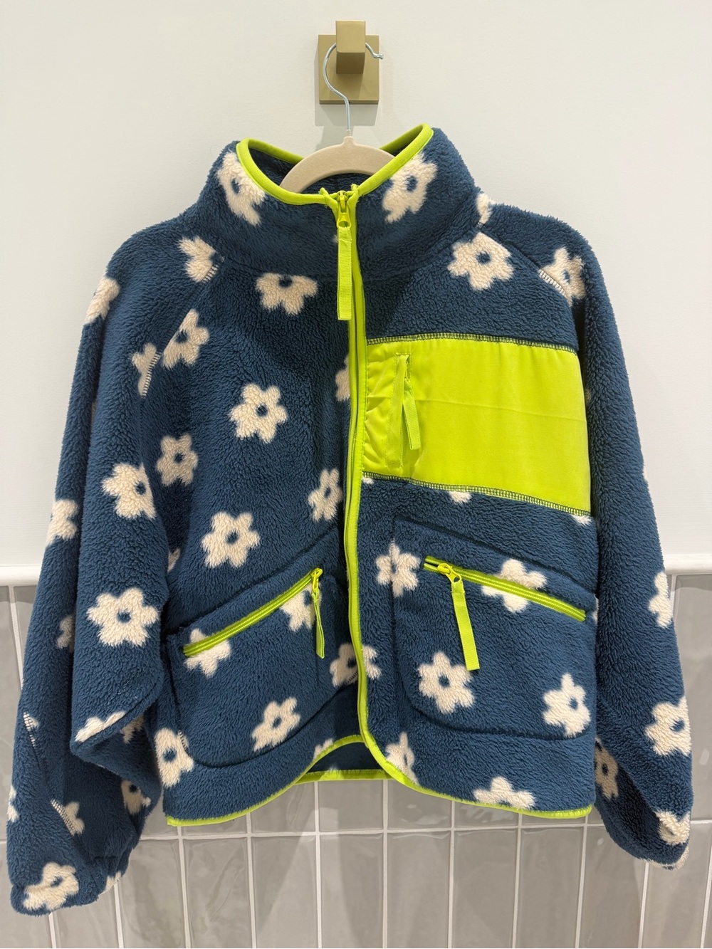 Navy Blue Flower Print Fleece Jacket